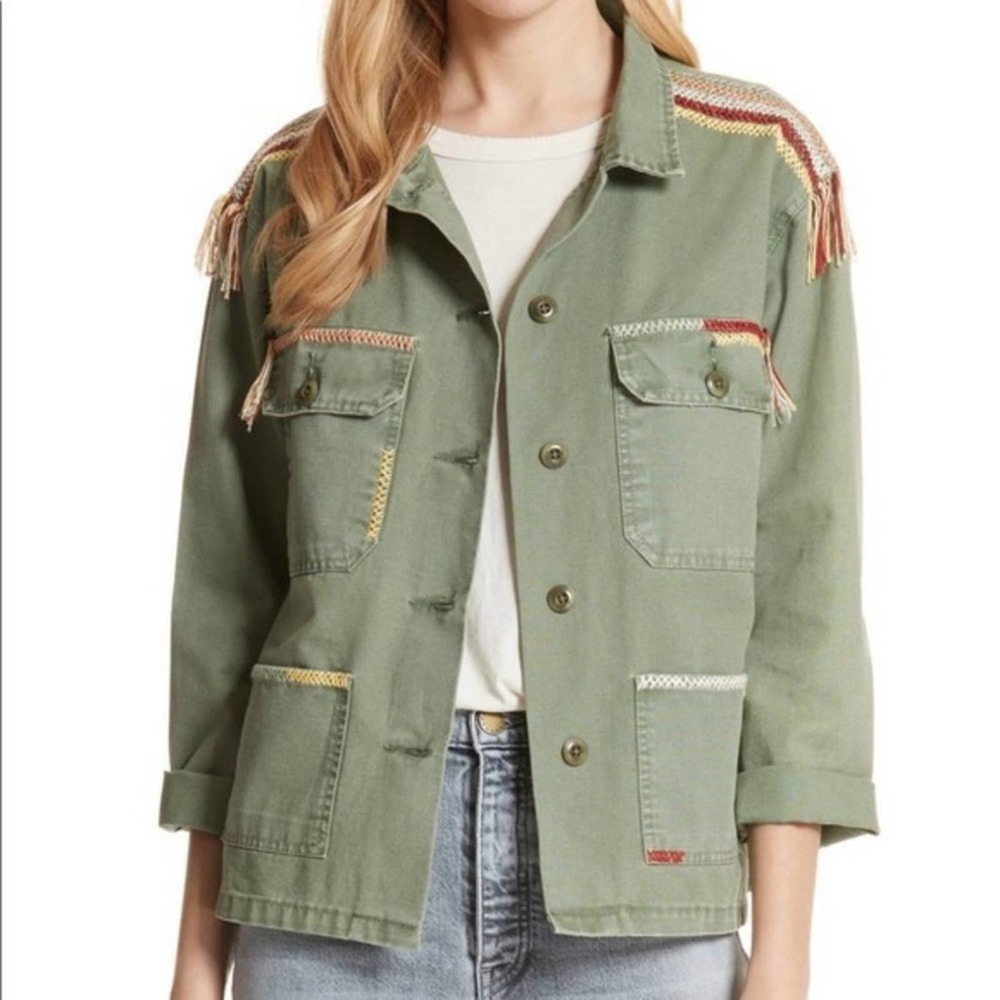 THE GREAT. sergeant army green embroidered fringe jacket